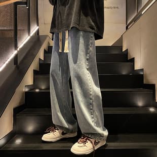 Youth Vintage Solid Jeans for Men Spring Autumn Straight Loose Wide Leg American High Street Versatile Casual Long Pants