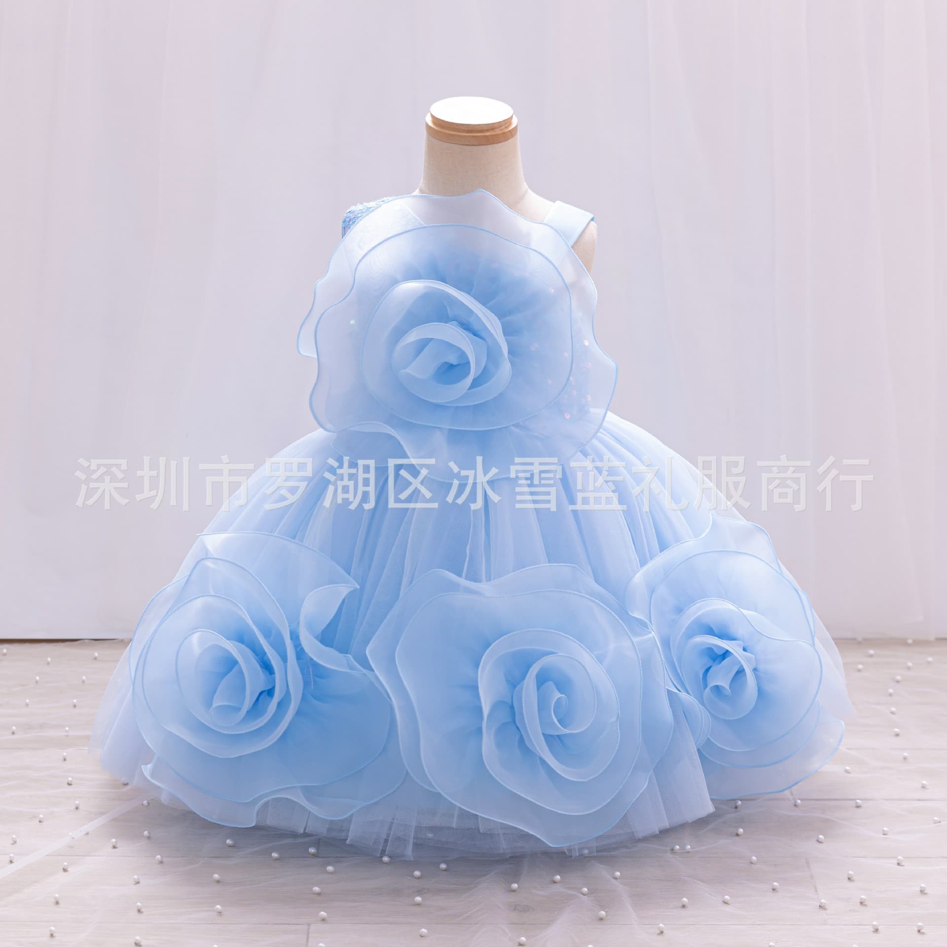Children's dress skirt tutu skirt flower girl wedding dress girl girl princess dress one-year-old performance dress evening dress blue