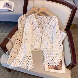 Sweet Style Lace Hollow V-Neck Knit Cardigan for Women, Summer Thin Tie Long-Sleeve Sun Protection Outerwear Shawl Top