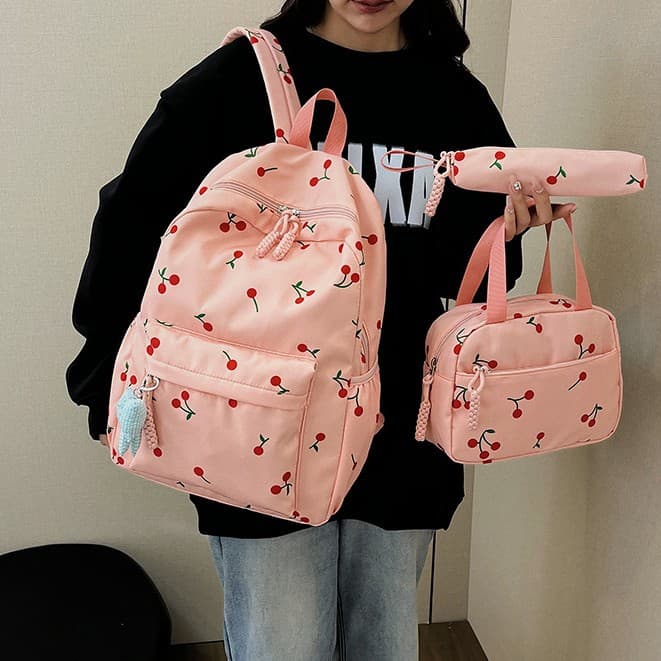 New Korean Style Ins Cherry Print Backpack, Harajuku Niche Design Student Fresh Backpack Artistic Bag