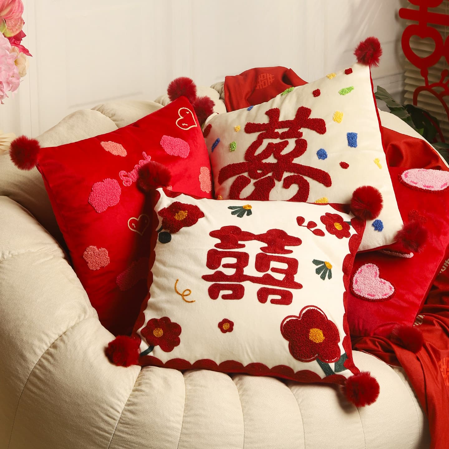 Wedding Happiness Pillow Set, Pair of Festive Red Fluffy Throw Pillows for Marriage Bed Decor Embroidered
