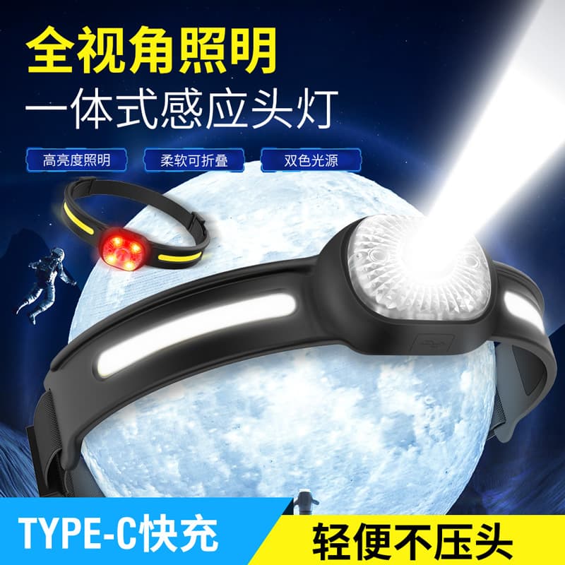 Smart Sensor Silicone Headlamp USB Quick Charge Outdoor Multi-Function LED Light Patrol Camping Hiking Search Daily Carry Night Ride