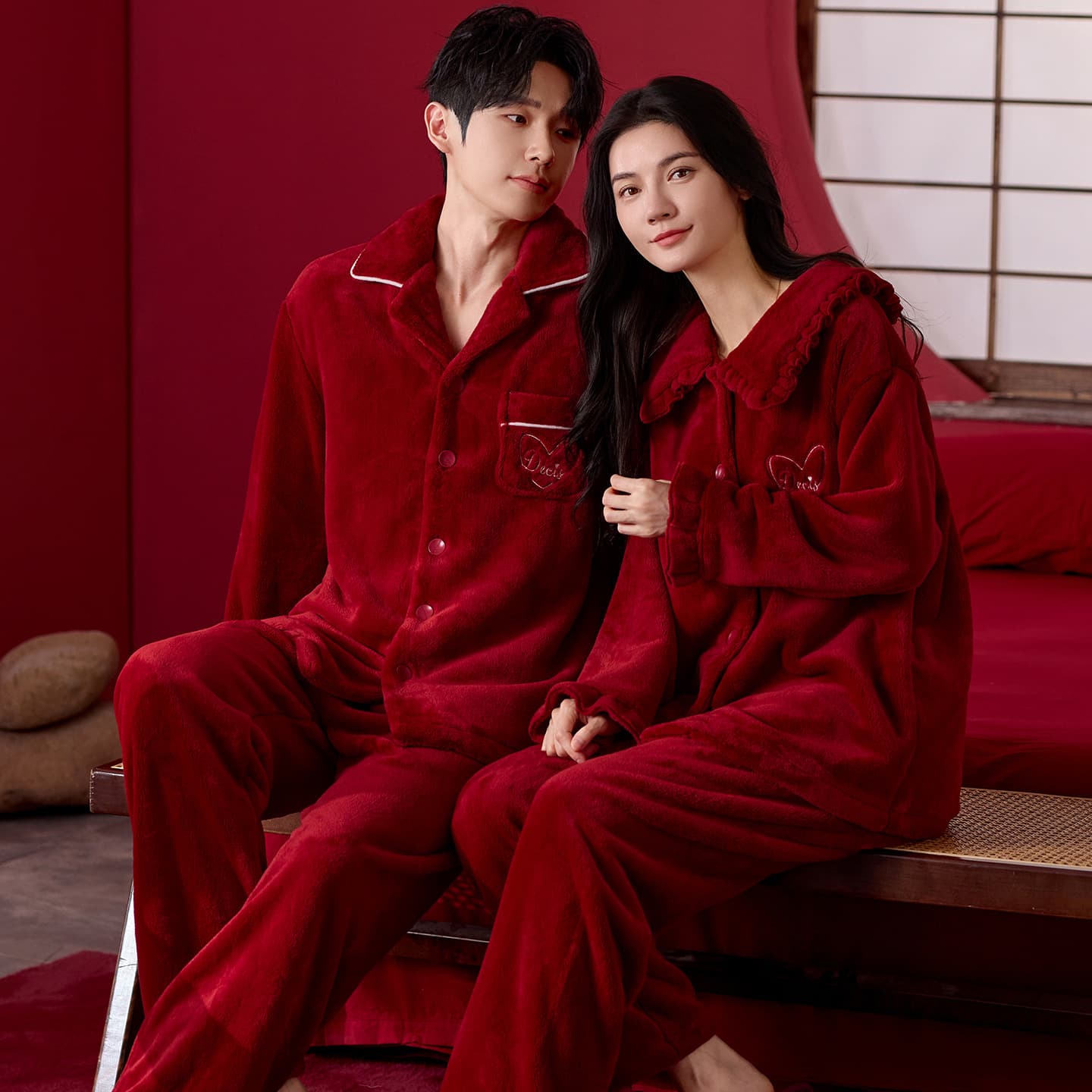 Couples Red Pajamas Autumn/Winter Coral Fleece Thickened Set Wedding Newlywed Festive Men's and Women's Homewear Fleece-Lined
