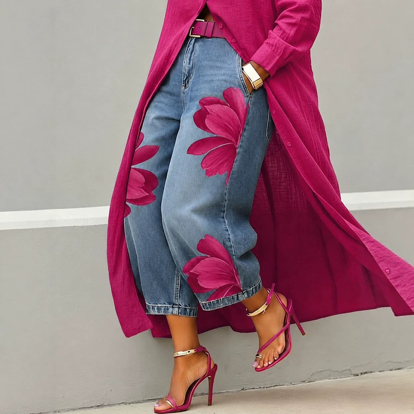 Cross-border independent station Amazon's new spring and summer women's cropped pants imitation denim 3D digital printing women's pants