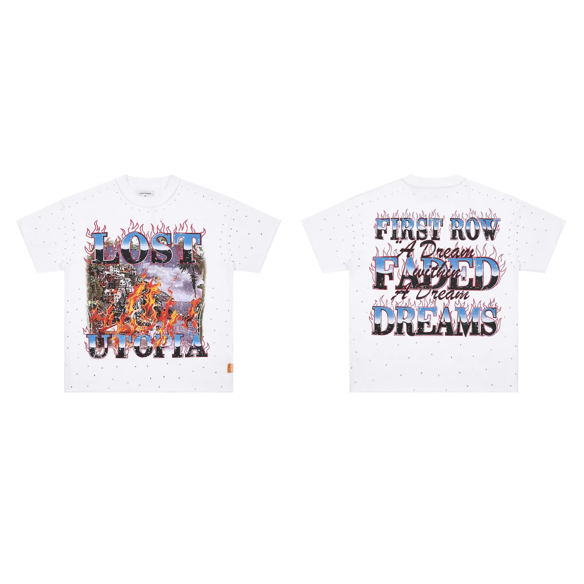 FIRST ROW LOST UTOPIA BURNING FLAME Los Angeles Streetwear Short Sleeve T-Shirt Unisex