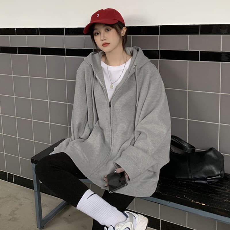 Spring/Autumn New Zip-Up Hoodie Jacket for Women, Loose Fit, Korean-Japanese Casual Style, Versatile Long-Sleeve Solid Color Top