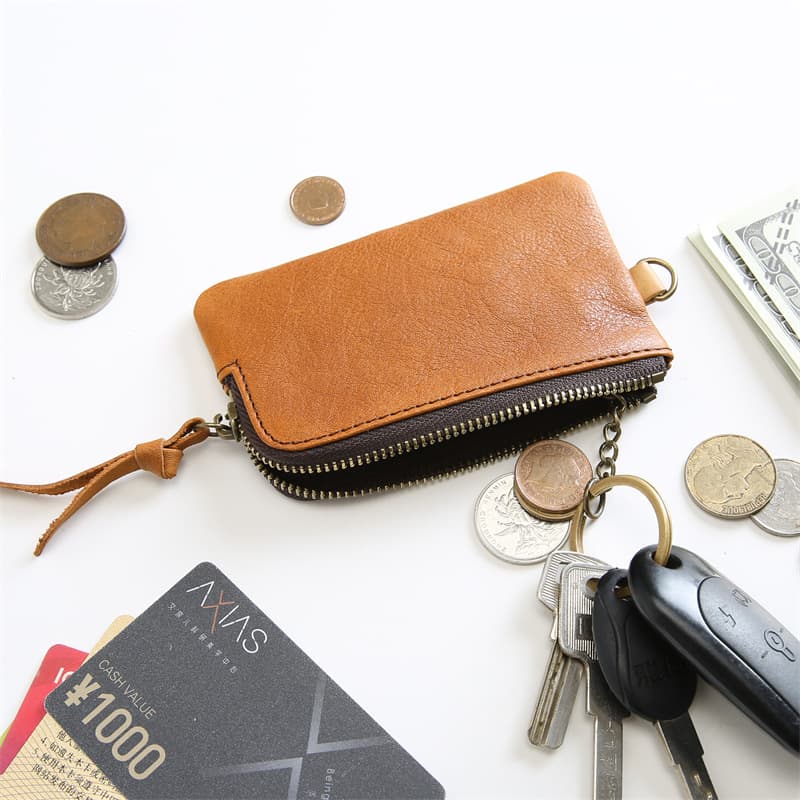 Men's Short Genuine Leather Zipper Wallet, Vegetable-Tanned Top-Grain Cowhide Coin Purse, Multi-Functional Key Holder, Women's Key Chain Bag