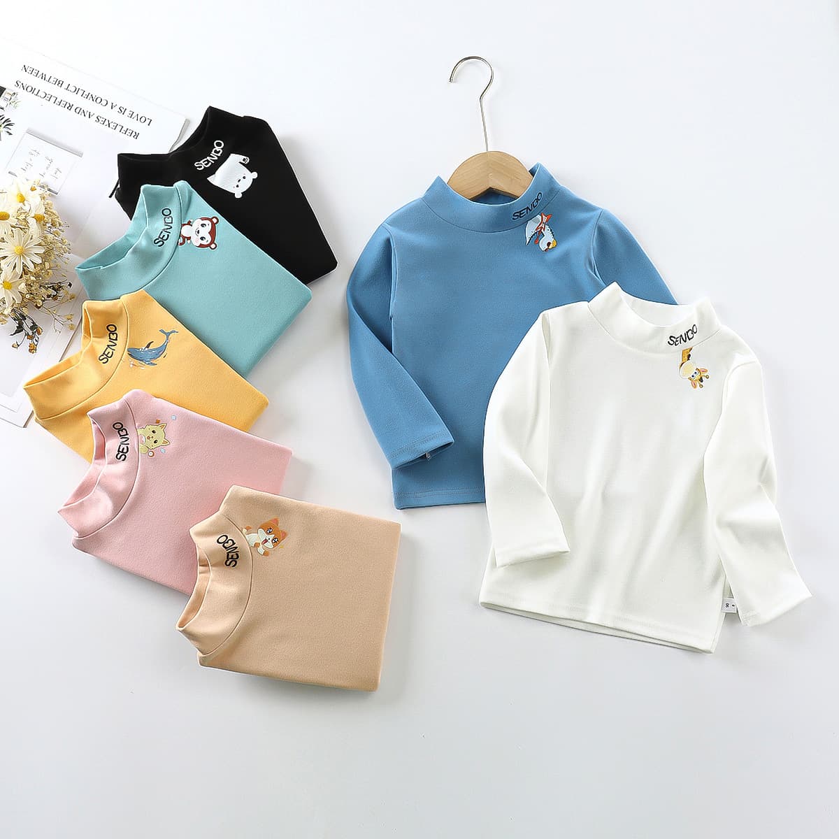 German Velvet Children's Base Layer Top Spring Autumn New Long Sleeve Cartoon Shirt Mid Neck Medium Large Boys Girls Warm Autumn Underwear
