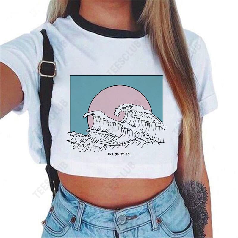 Wave Women T-shirt Crop Tops Harajuku Style Wave Print Ultra Short T-shirt Sexy Exposed Navel