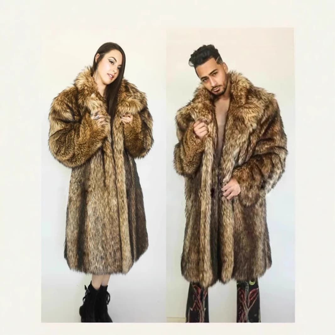 European and American cross-border fashion autumn and winter warm imitation fur coat imitation fox fur windbreaker large size long plush coat men's clothing