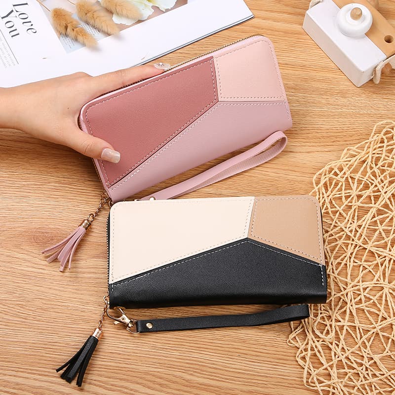 Long Large Capacity Color Block Ladies Wallet Korean Style Fashion Handbag Dual Fold PVC Material Everyday Accessory