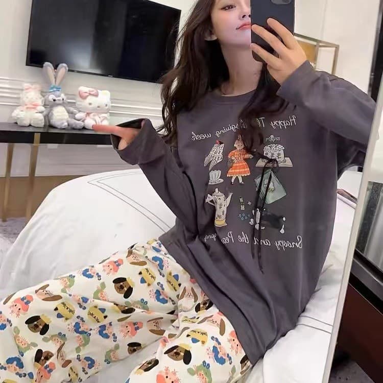Autumn Trendy New Style Women's Casual Pure Cotton Long-Sleeved Lounge Pants Set Loose Long-Sleeved Homewear Pajamas