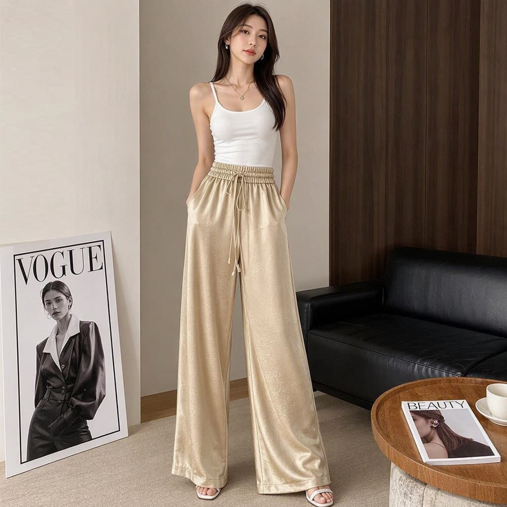 Acetate Satin Wide-Leg Pants for Women, Summer Thin Style 6, New Loose Drawstring Long Pants, Elegant and Graceful Women's Trousers