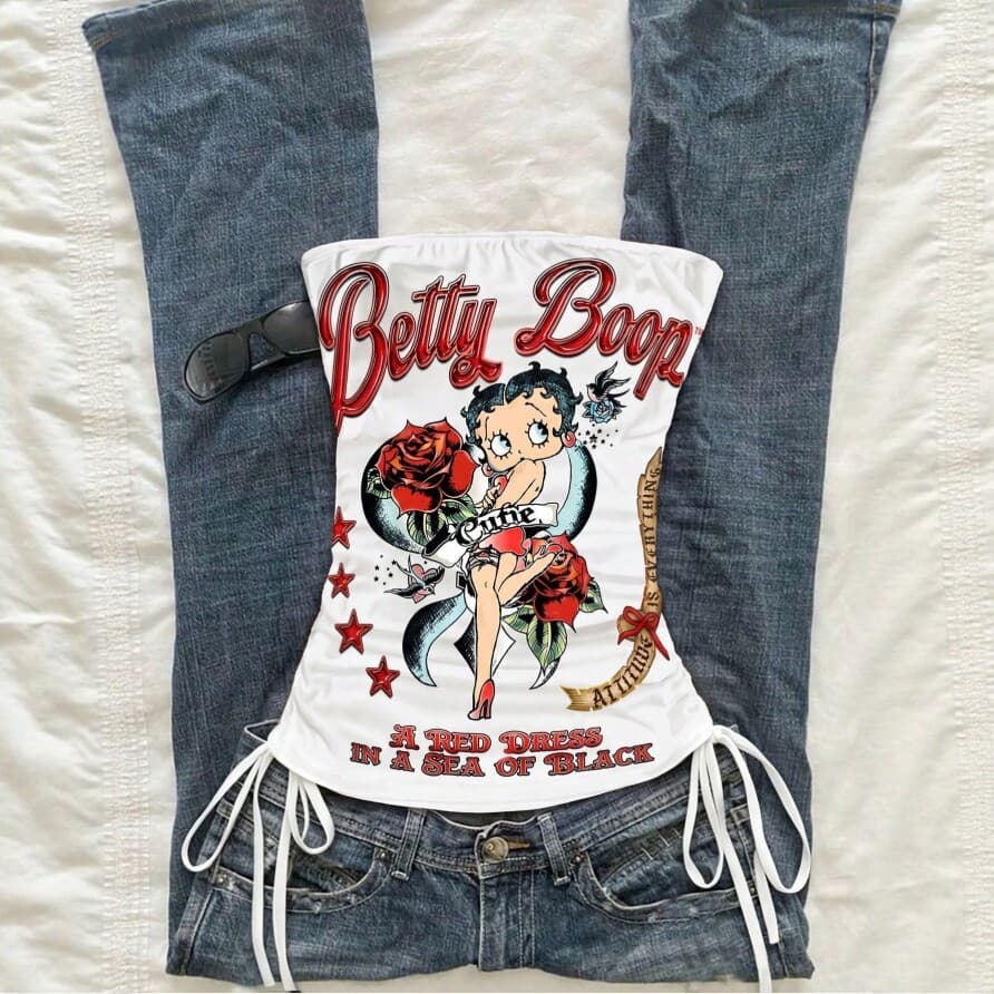 Betty Boop Print Tube Top for Women Summer, Slim Fit Crop Top White Short Sleeveless Vest