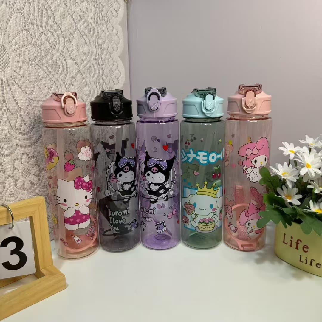 Sanrio Kuromi Cartoon Transparent Pop-Up Lid Straw Water Cup with Handle Strap, Drop-Resistant Space Cup, Straw Cup