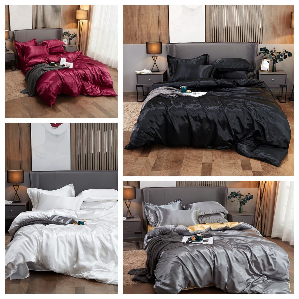 Cross-border AliExpress Solid Color Set Imitation Silk Washable Duvet Cover Bed Sheet Pillowcase Mattress Protector Fitted Sheet Wholesale