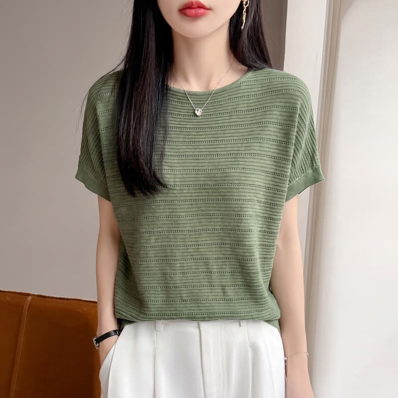New Summer Round Neck Hollow Short Sleeve Knit Top for Women, Loose Fit Slim T-Shirt, Fashion Thin Blouse