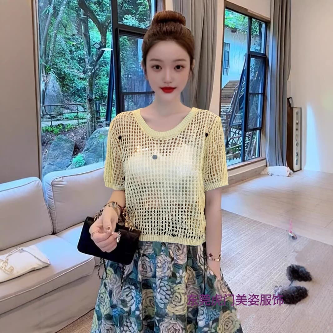 Hollow Design Spring and Summer Blouse-Like Niche Thin Knitted Knitwear Women's New High-End Sun Protection Short-Sleeved Top