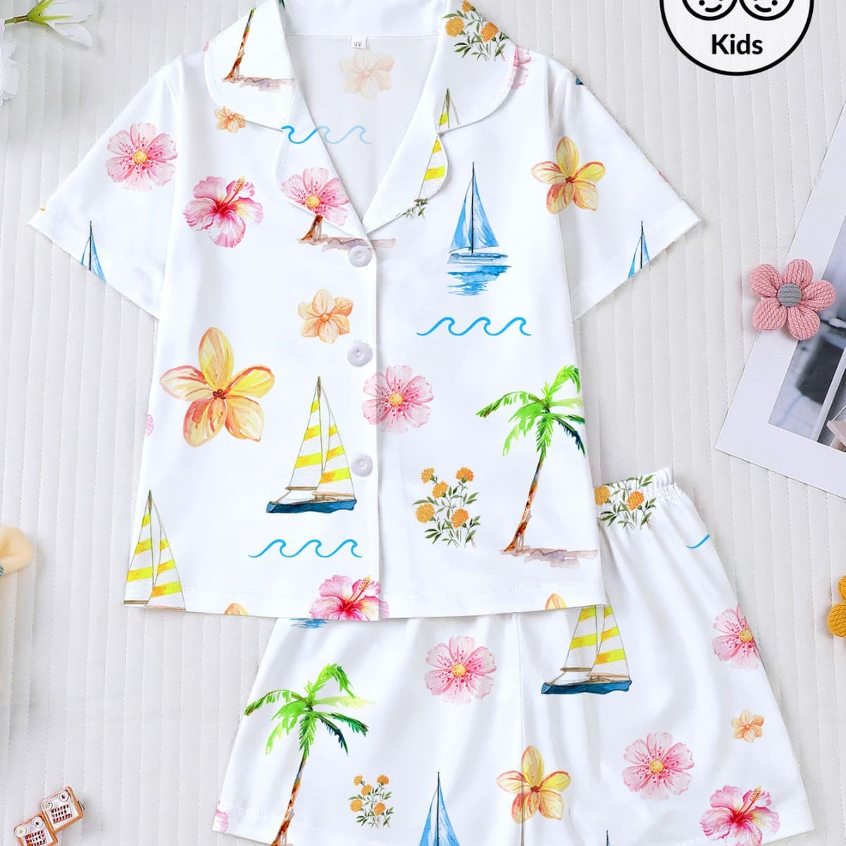 New Cross-Border Trade Four-Season Girls' Pajama Set Short Sleeve Short Pants Cardigan Printed Kid Pajama