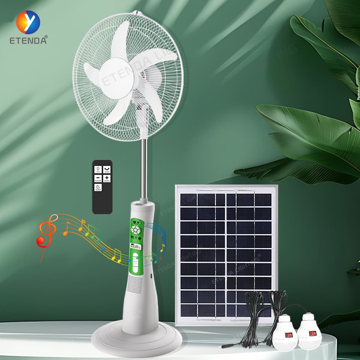 In Stock Solar Fan 16-inch Floor Standing Adjustable Speed Solar Panel with Bluetooth Light Bulb
