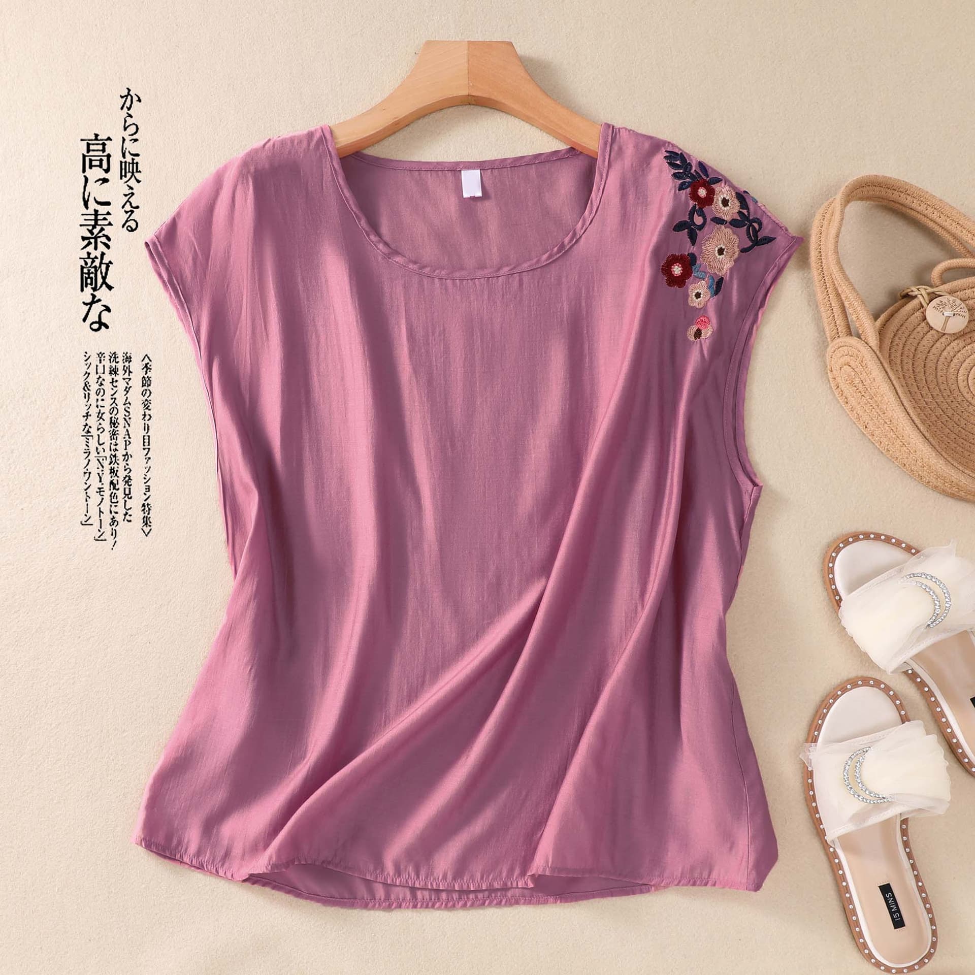 Artistic Style New Vintage Floral Sleeveless T-shirt Women's 2024 Summer Casual Loose Large Size Embroidered Cotton and Linen Top