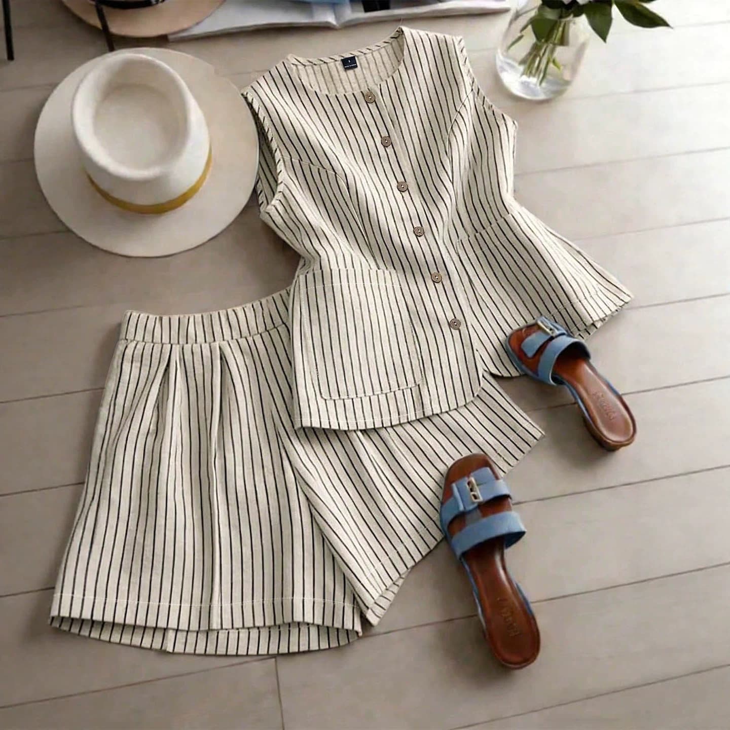 Oversized Cotton Linen Striped Two-Piece Set for Cross-Border EU/US Market, Vertical Striped Round Neck Vest with Pleated Shorts, Plus Size Commuter Set