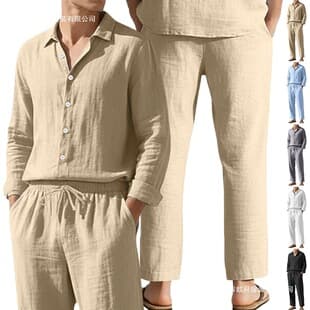 Cross-border Independent Station EU US Four-Season Linen Men's Casual Loose Beach Sun Protection Long Sleeve Shirt and Long Pants Set