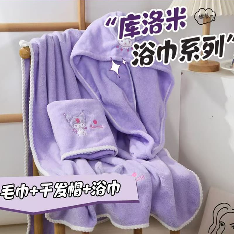 Factory wholesale towel sets, thickened quick-dry absorbent less shedding Kuromi bath towels and hair drying caps, cross-border hot sale.