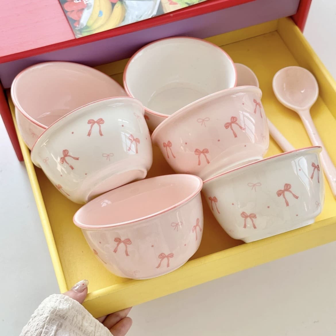 Pink Bow Rice Bowl, Girl's Heart Ceramic High-Temperature Under-Glaze Dessert Bowl, Oven and Microwave Safe