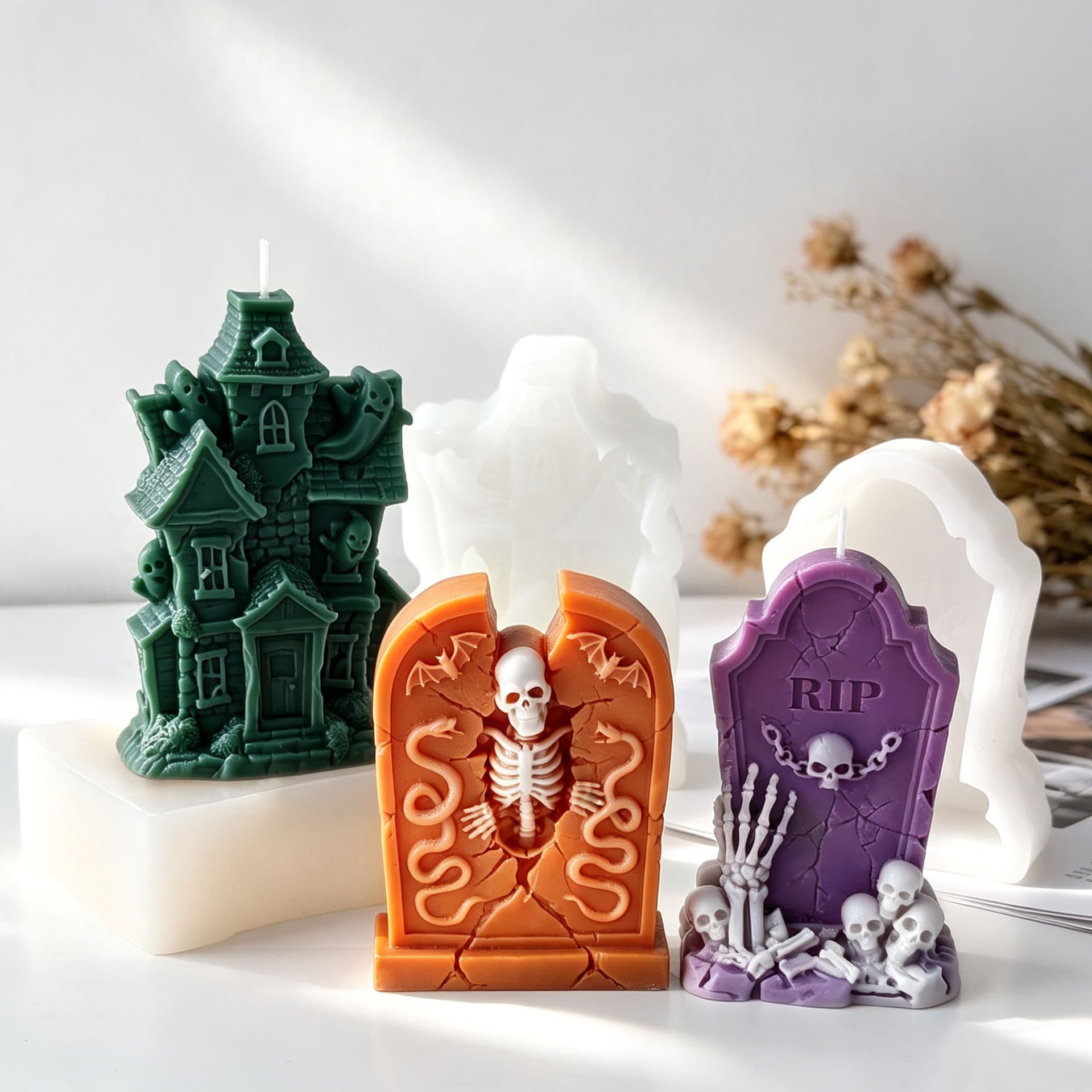 Cross-border Halloween Tombstone Epoxy Resin Plaster Decoration Silicone Mold DIY Scented Candle Skull Ghost Mold
