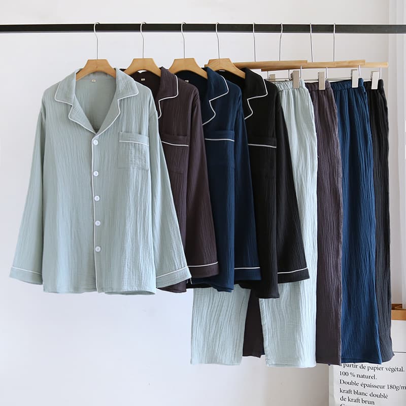 Men's Crepe Cotton Double-Layer Gauze Thin Plus Size Loose Comfortable Home Pajamas for Spring, Summer, and Autumn