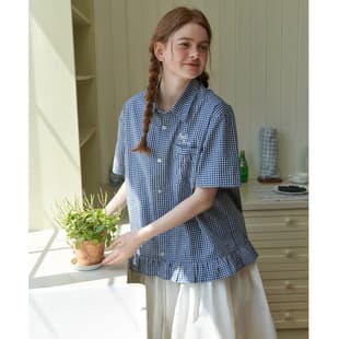Vintage Embroidered Blue Plaid Shirt with Lace Trim, Summer Loose Turn-down Collar Short Sleeve Top