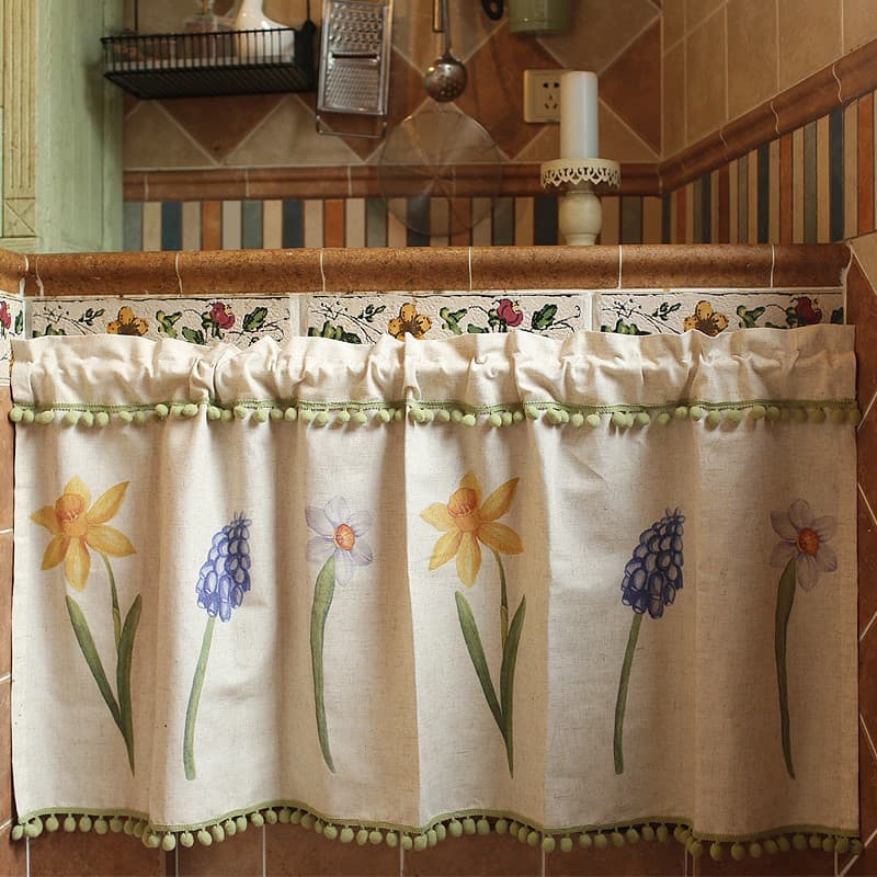 Nordic Cotton and Linen Curtain Half Curtain Door Curtain Short Curtain Kitchen Cabinet Door Narcissus Washing Table Small Curtain Plant Flower