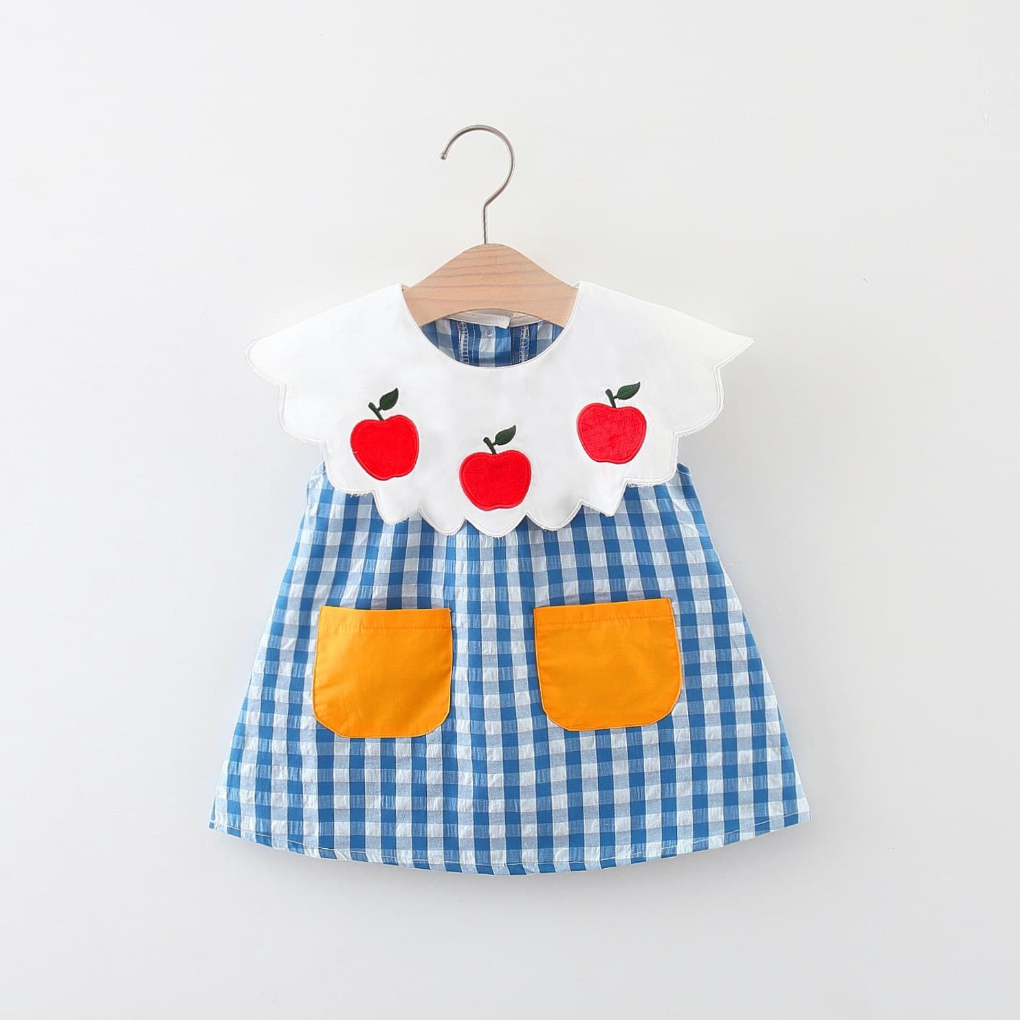 New Summer Dress for Baby Girls, Plaid Peter Pan Collar with Apple Embroidery, Stylish Outing Dress, Toddler Walking Skirt