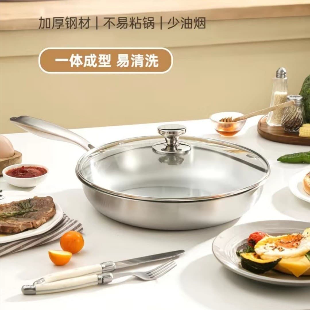 304 stainless steel flat bottom frying pan non-stick frying pan uncoated steak frying pan commercial gas stove welding nails rivets