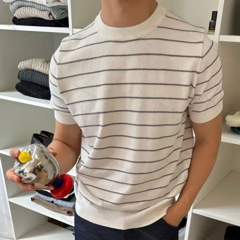 New and Old Money Style Lightweight Comfortable Versatile Casual Loose Striped Knit Short-Sleeve Polo Shirt Summer Half-Sleeve Trendy Men's Fashion