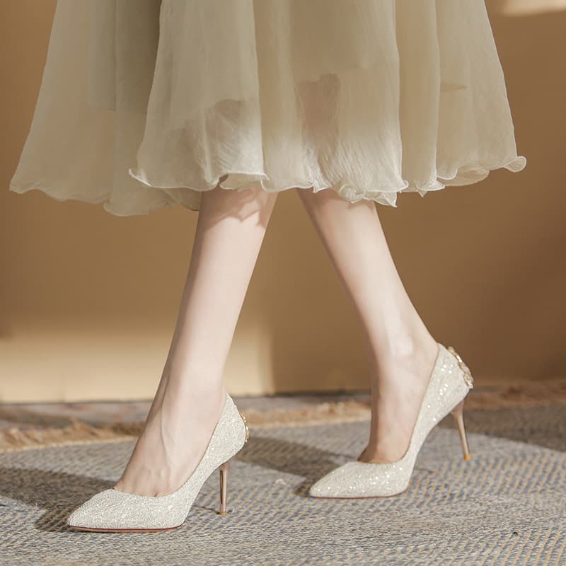 6681-10 Banquet Wedding Dress Bridal Shoes Rhinestone Elegant High Heels Pointed Toe Thin Heel Pumps