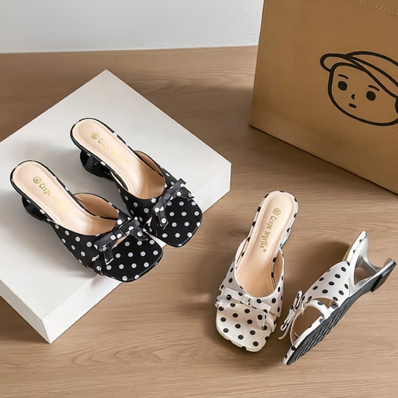 Summer New Style Sweet High Heel Sandals 7cm Irregular Heel ~ French Square Toe Satin Butterfly Knot Polka Dot Slippers