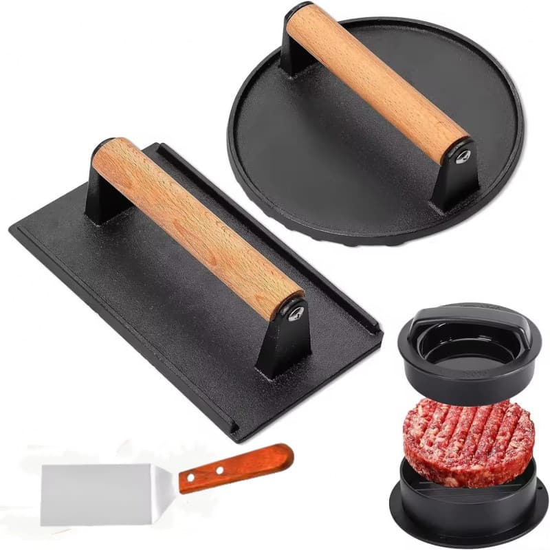 Wholesale cast iron meat press BBQ steak meat press uncoated outdoor rectangular meat press thickened wooden handle
