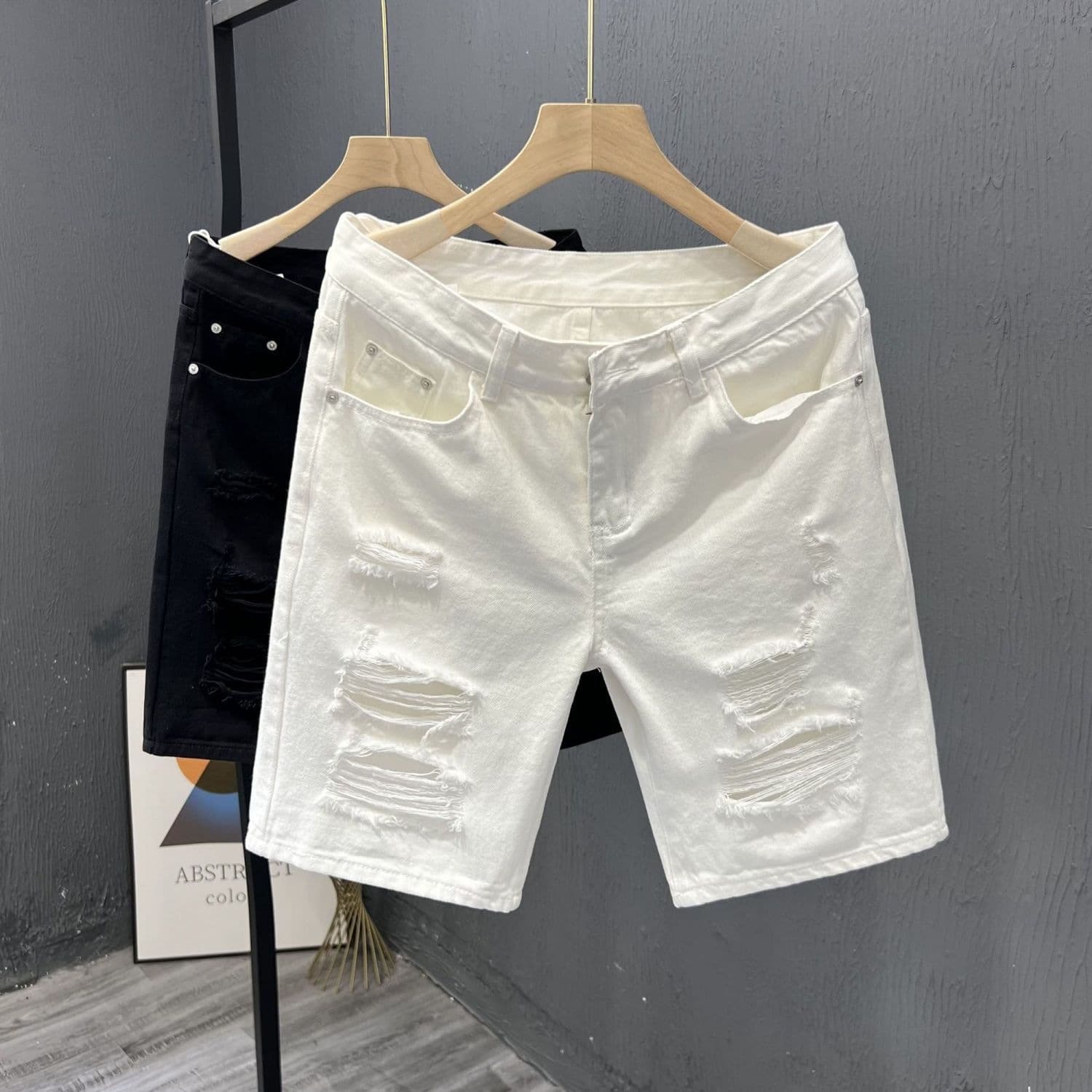 Summer Thin White Ripped Denim Shorts for Men, Korean Style Trendy Slim-Fit Men's Mid-Length Shorts