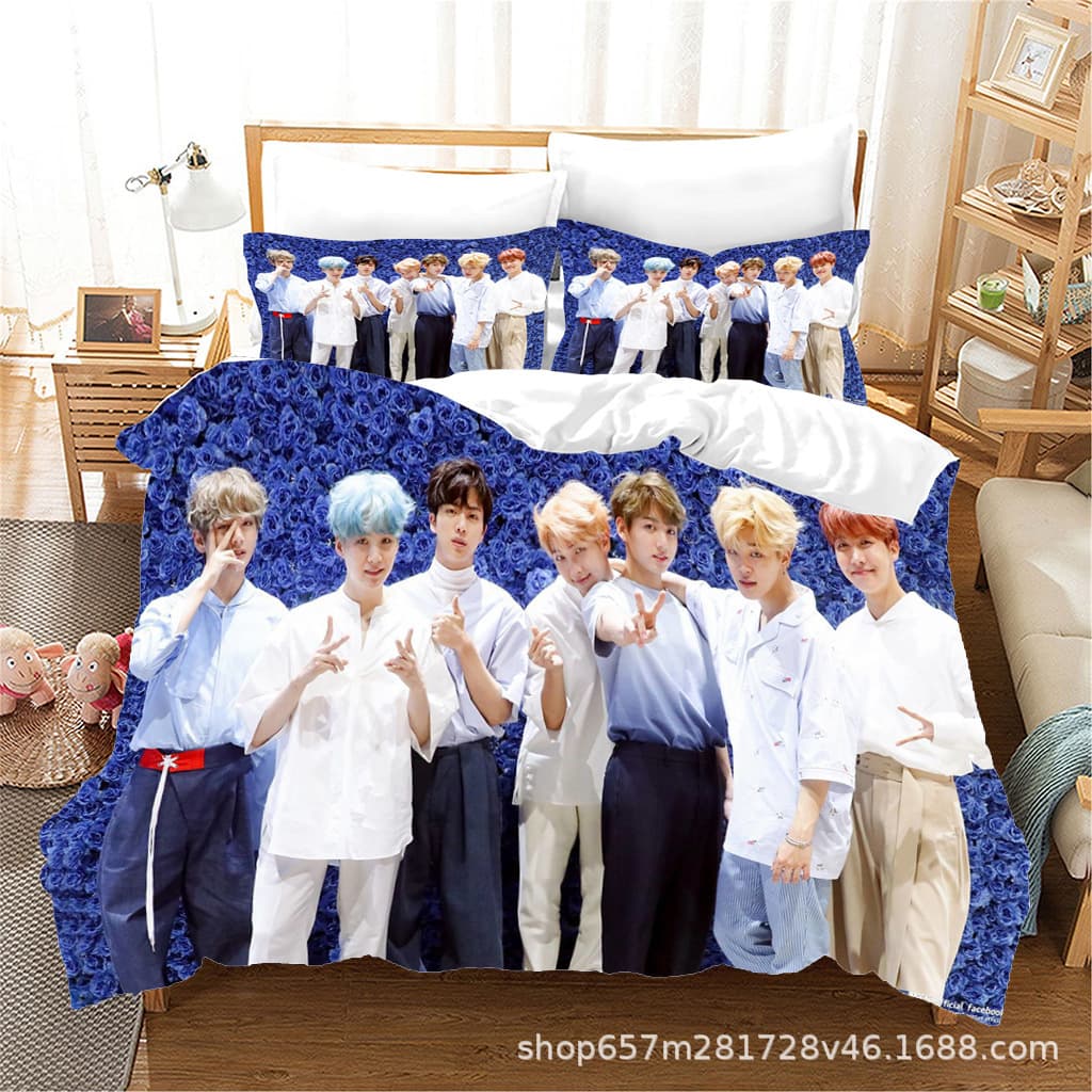 Cross-Border Ecommerce 3-Piece Set 3D Digital Print Duvet Cover, Sheet, and Pillowcase BTS Character Brushed Print Set