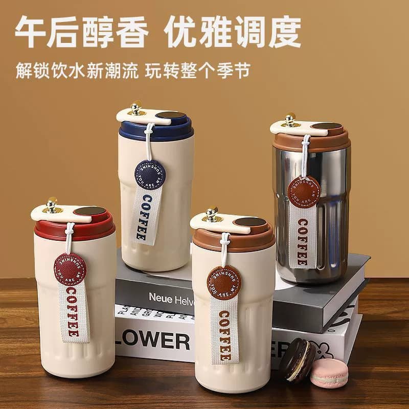 Food grade 316 portable high-looking couple stainless steel thermos cup lanyard buckle flip-top coffee cup with temperature display