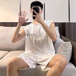 Ice Silk Pajama Men's Summer Plus Size Ultra-Light Sleeveless Shorts Quick-Dry Thin Simple Homewear Casual Two-Piece Set