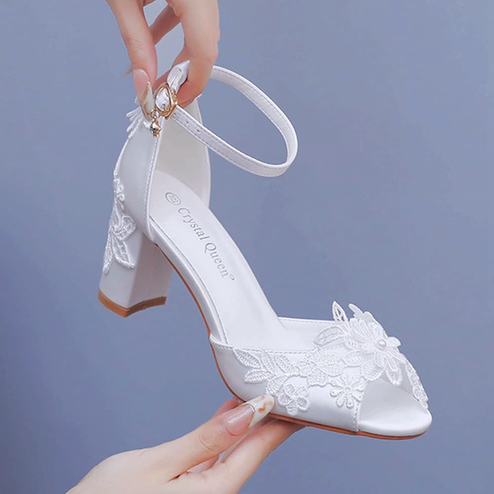 7cm Fishmouth High Heeled Sandals, Shallow Mouth Lace Flower, Large Size Sandals, Bridal Wedding Satin Fabric Coarse Heeled Sandals for Women