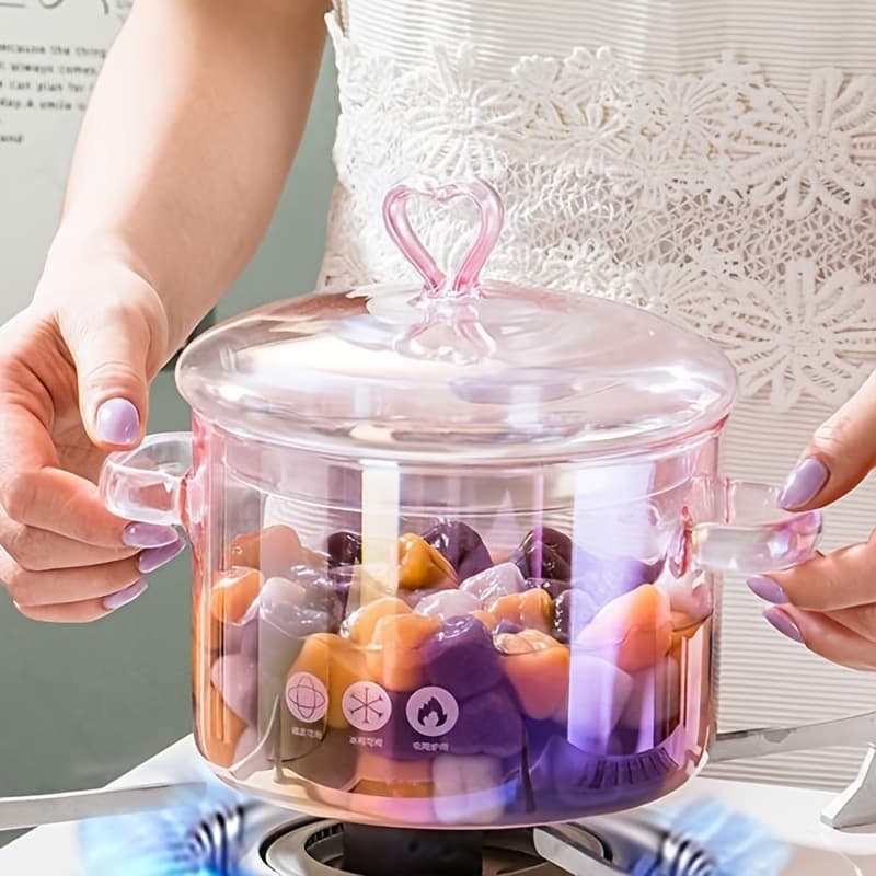 Pink girly heart double-eared glass pot for instant noodles, salad bowl, red wine and white fungus soup, high borosilicate glass kitchen utensils