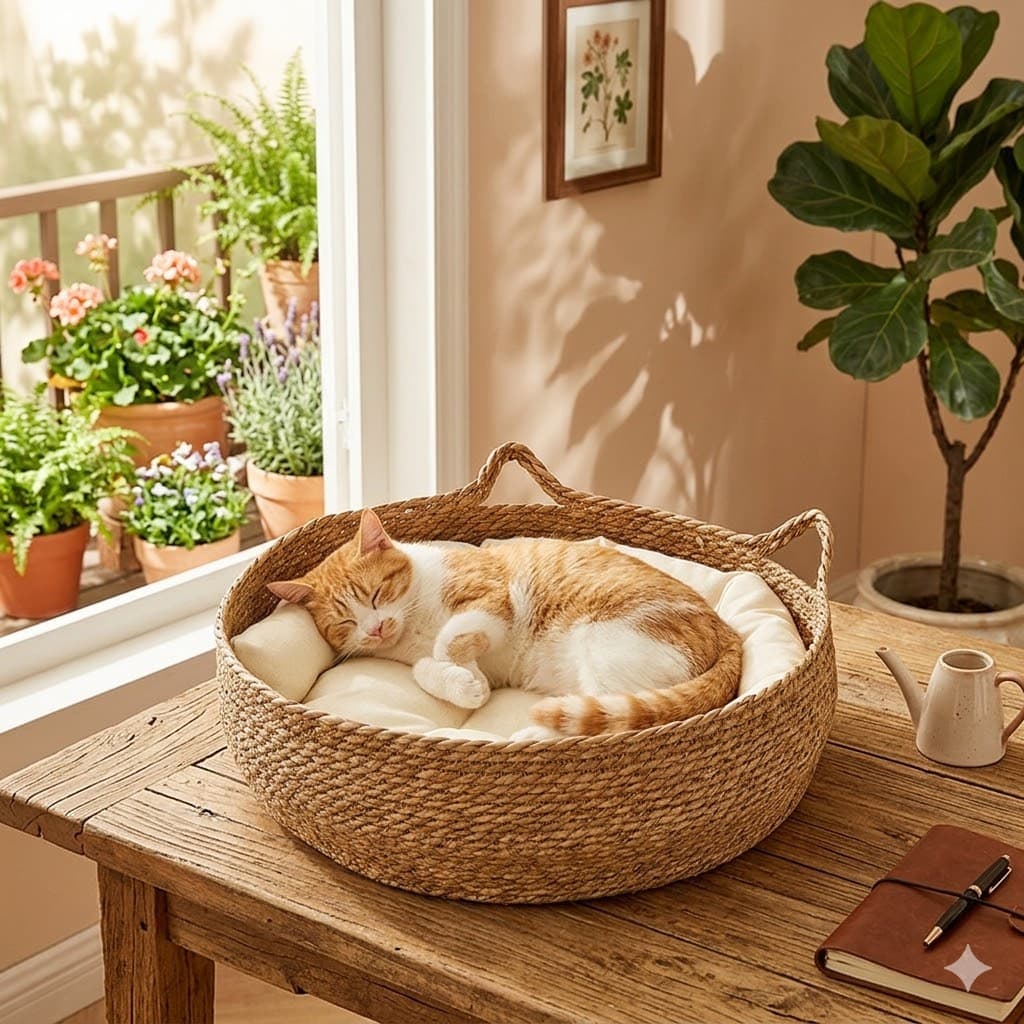 Cooling Wicker Cat House All Season Grass Weave Cat Shelter Pet Nest Summer Freshness Cat Scratcher Cozy Cat Cave for Kittens