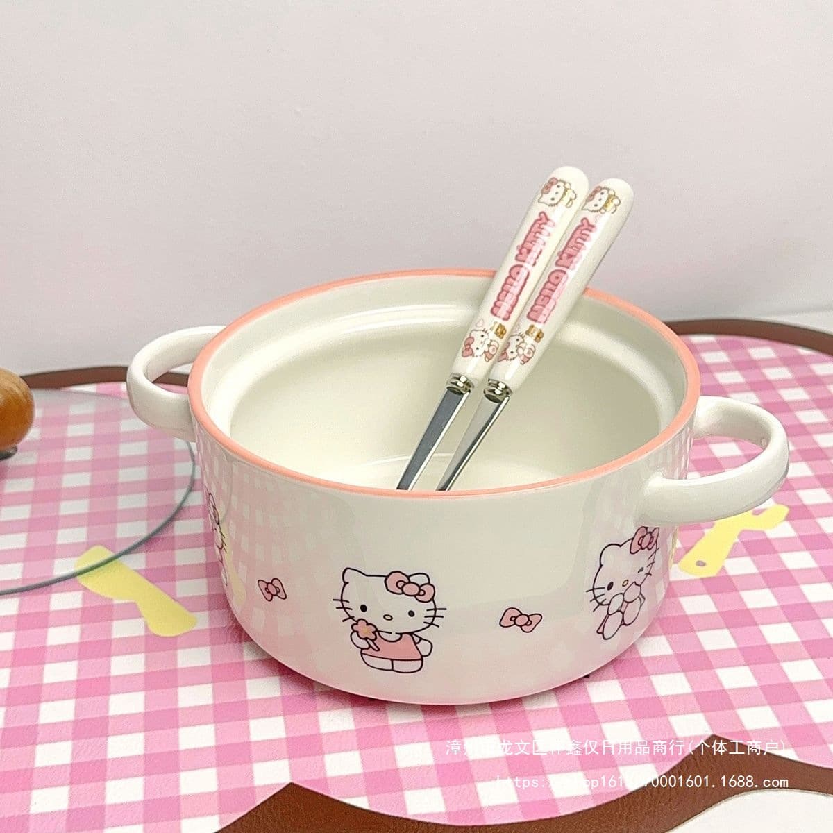 Cute Pink Ceramic Bowl with Handle Hello Kitty Ramen Bowl Ceramic Kitty Snail Noodle Bowl Rice Bowl Other