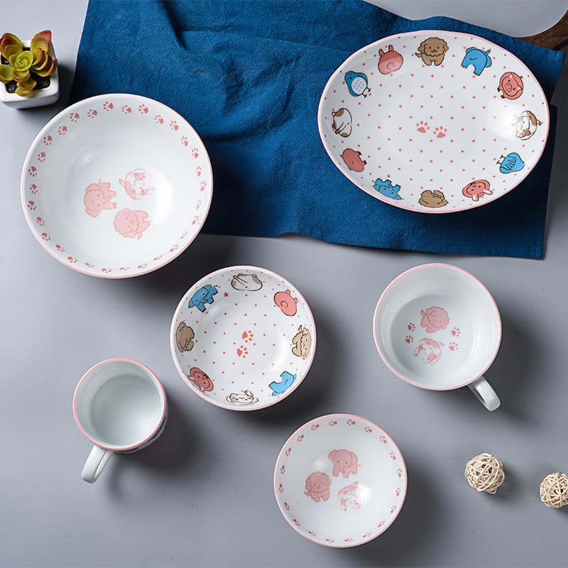 Japanese Import Children's Household Porcelain Soup Cup, Underglaze Color Noodle Bowl, Japanese Ceramic Rice Bowl, Plate, and Tableware Set