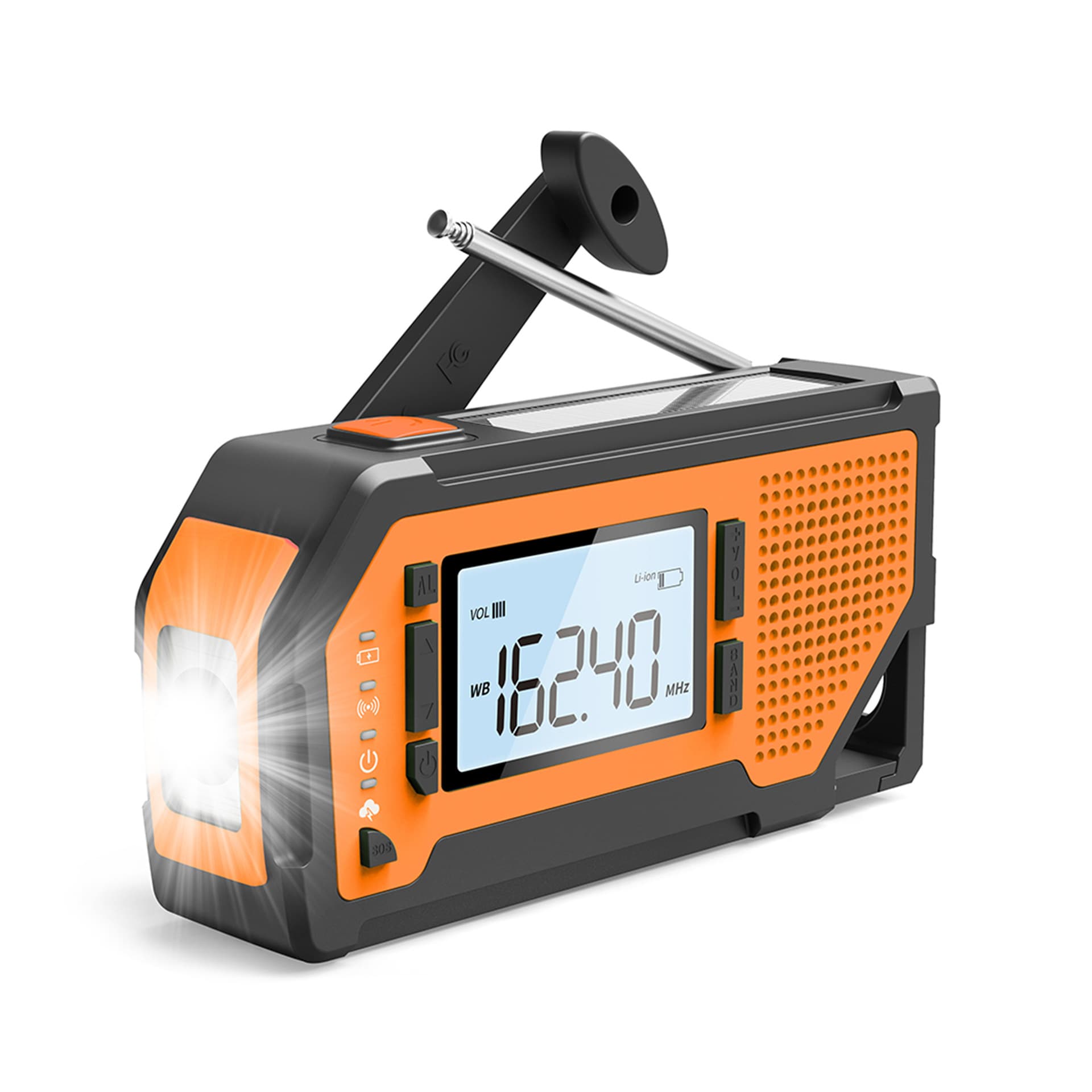 Emergency radio, headphones, multi-functional flashlight, mobile phone disaster prevention charging, hand-cranked, solar-powered, FM wireless