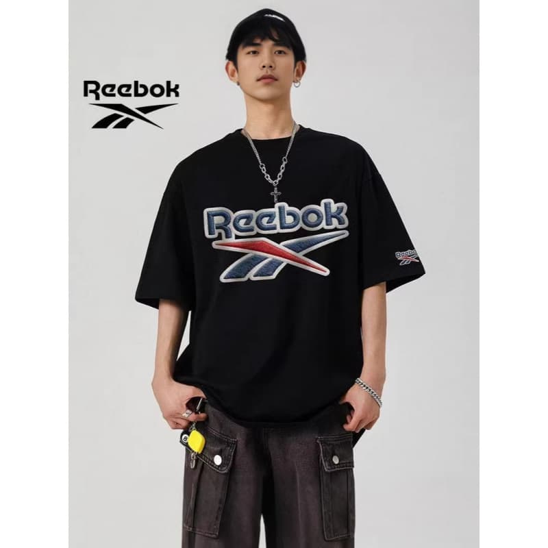 Complete three-label Reebok high-end American high-street style short-sleeved shirt for summer casual and versatile imitation embroidery round neck pure cotton
